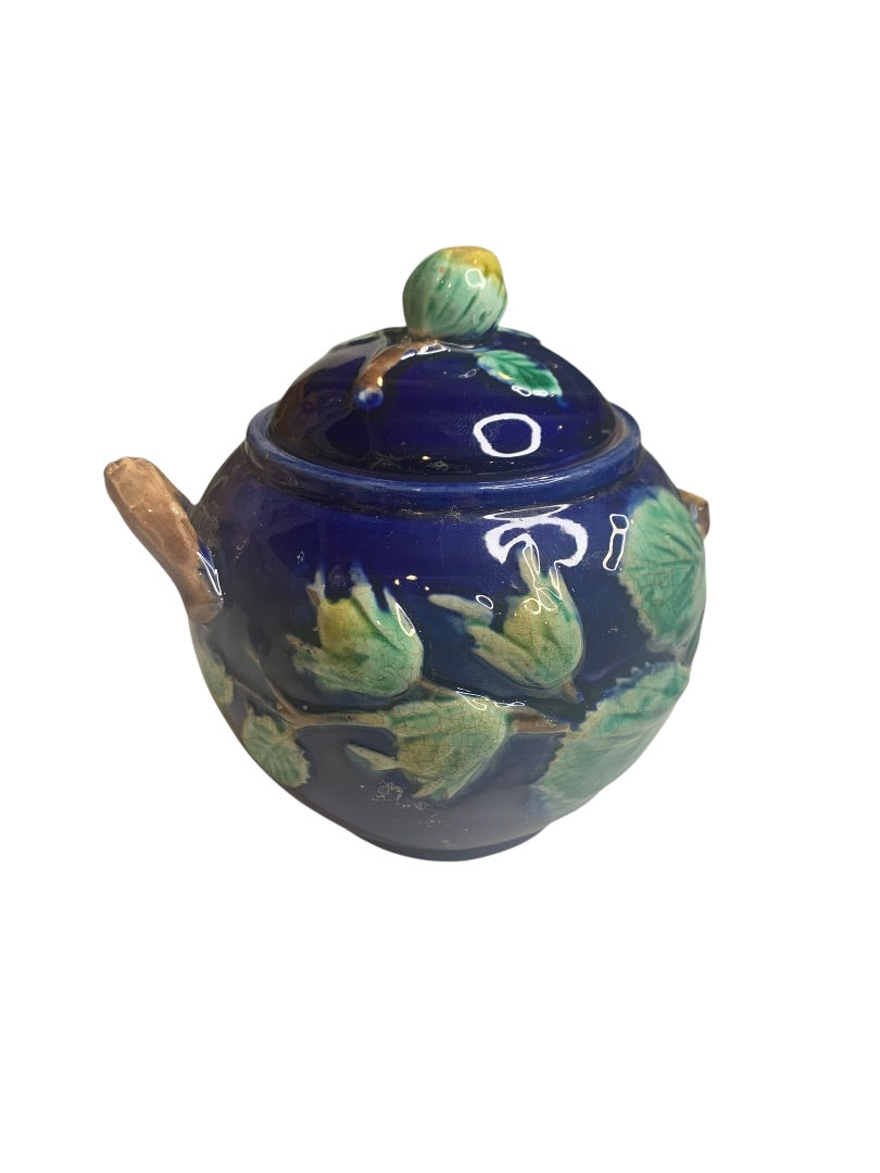 Foster Filbert Majolica Antique Sugar Bowl Lidded Damaged Cobalt Blue