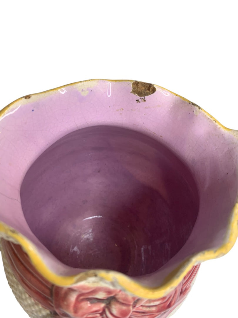 Majolica Pitcher Ribbon Pattern Antique 7.5 Inch Wildflower Ribbon