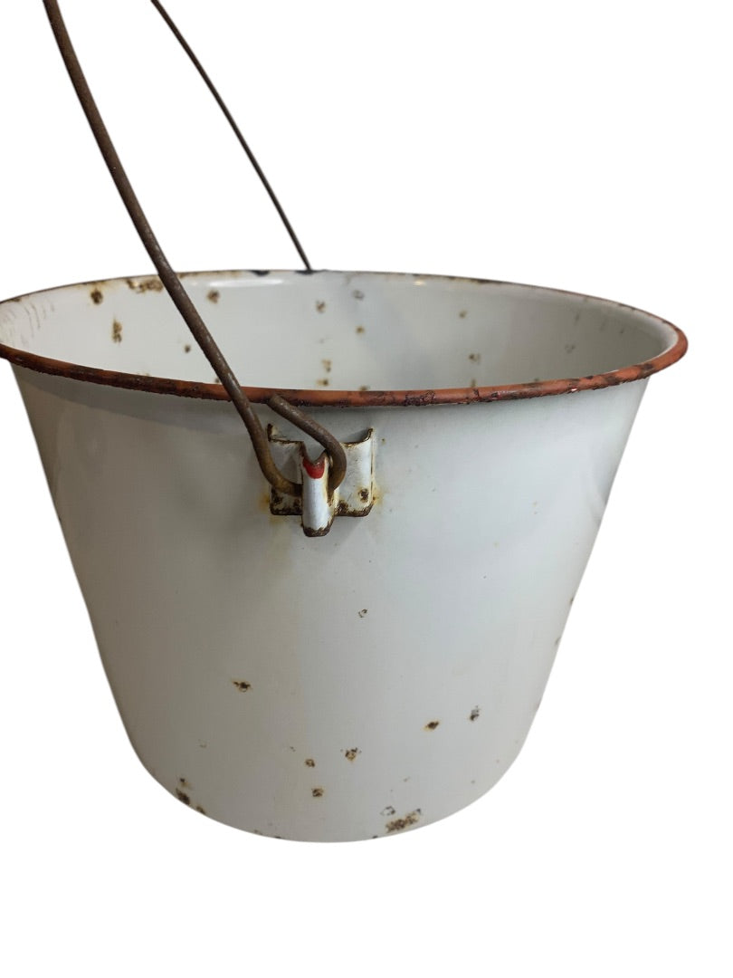 Porcelain Enamelware Snow-White Bucket Pail White Wooden Handle Sticker