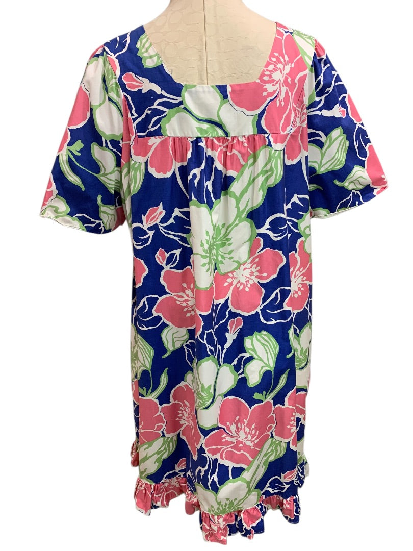2X Sears 1970s Floral Pink Blue Dress Short Sleeve Cotton Shift