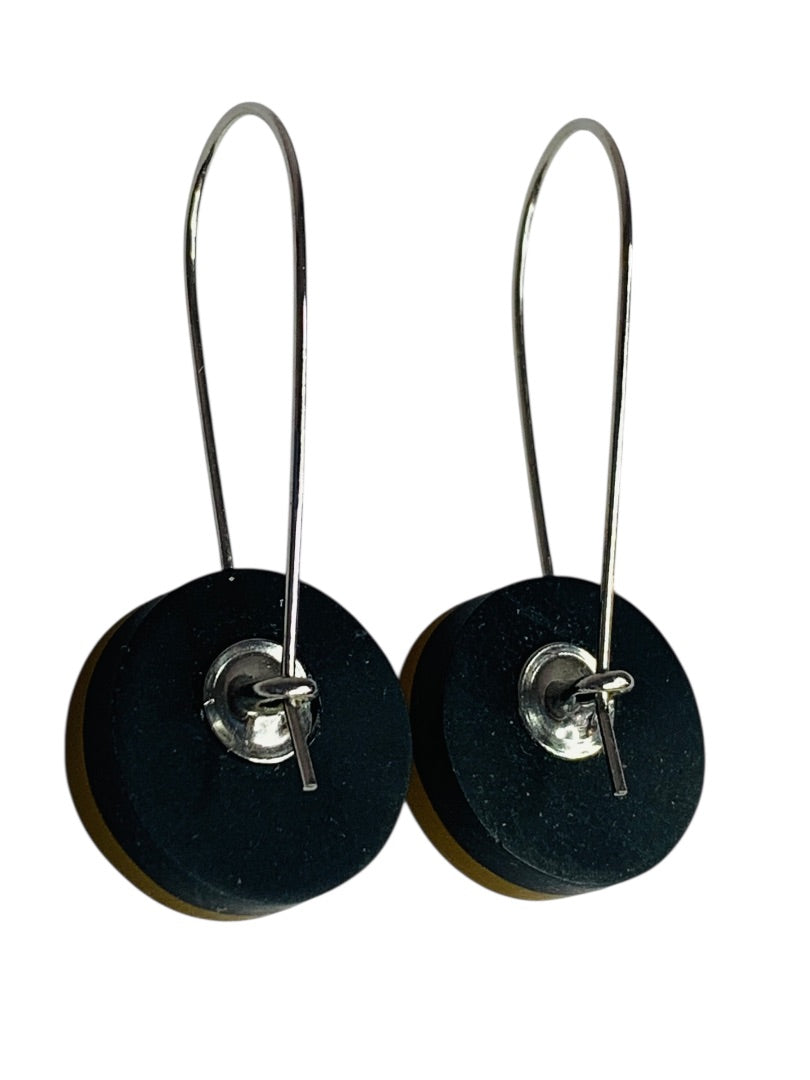 Yellow Black Wire Hook Pierced Earring Circle 1.5 Inch Drop Lightweight