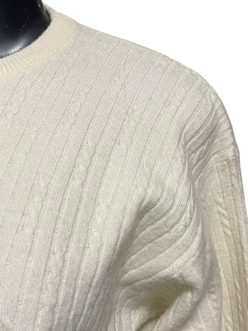 Large Rena Rowan Saville Wool Blend Womens Vintage Sweater Cream Cable Knit