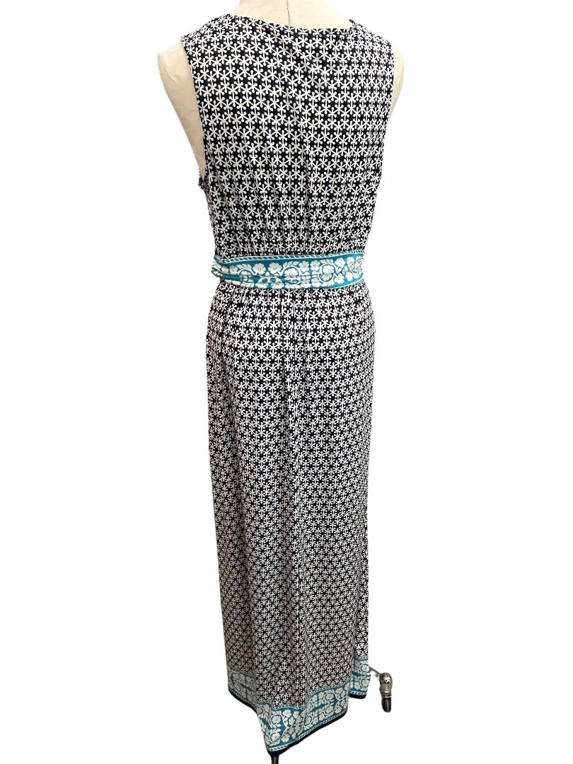 Medium Max Studio Sleeveless Print Maxi Dress V-Neck Navy Blue Teal V-Neck