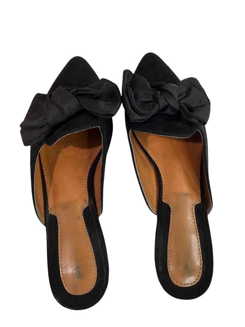 Size 7.5 Womens Faux Suede Black Slip On Shoes Grosgrain Bow Flats