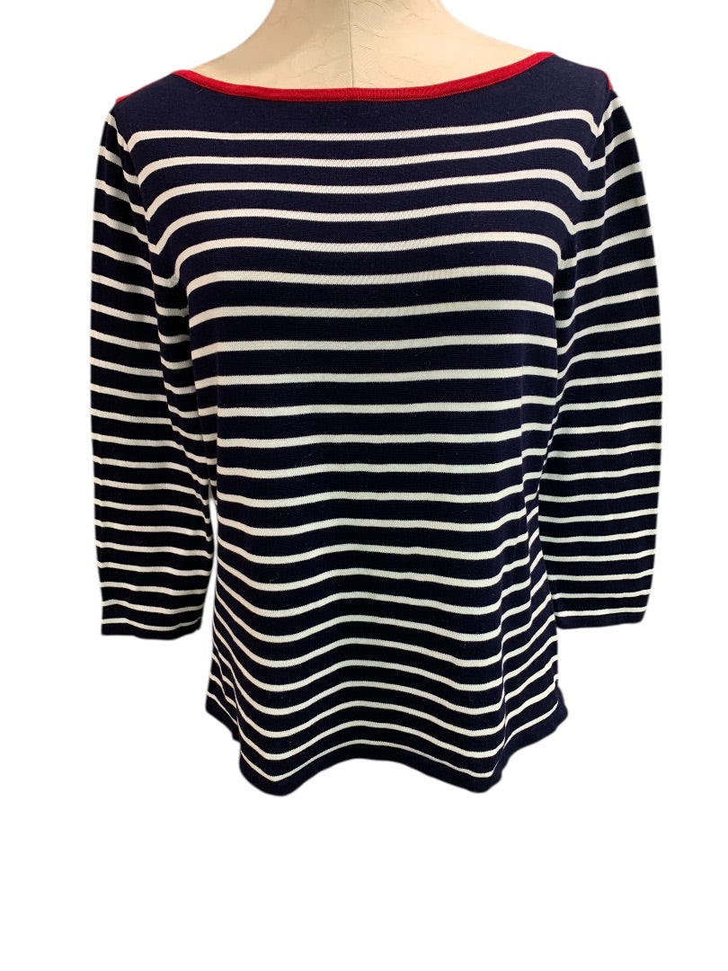 XL Lauren Ralph Lauren Womens Striped Navy Blue Boatneck Sweater
