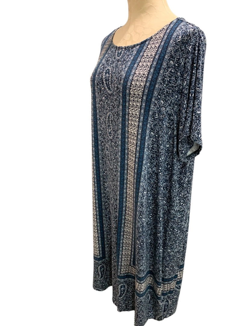 2X J.Jill Blue Tshirt Dress Short Sleeve Retro Print Soft Lightweight