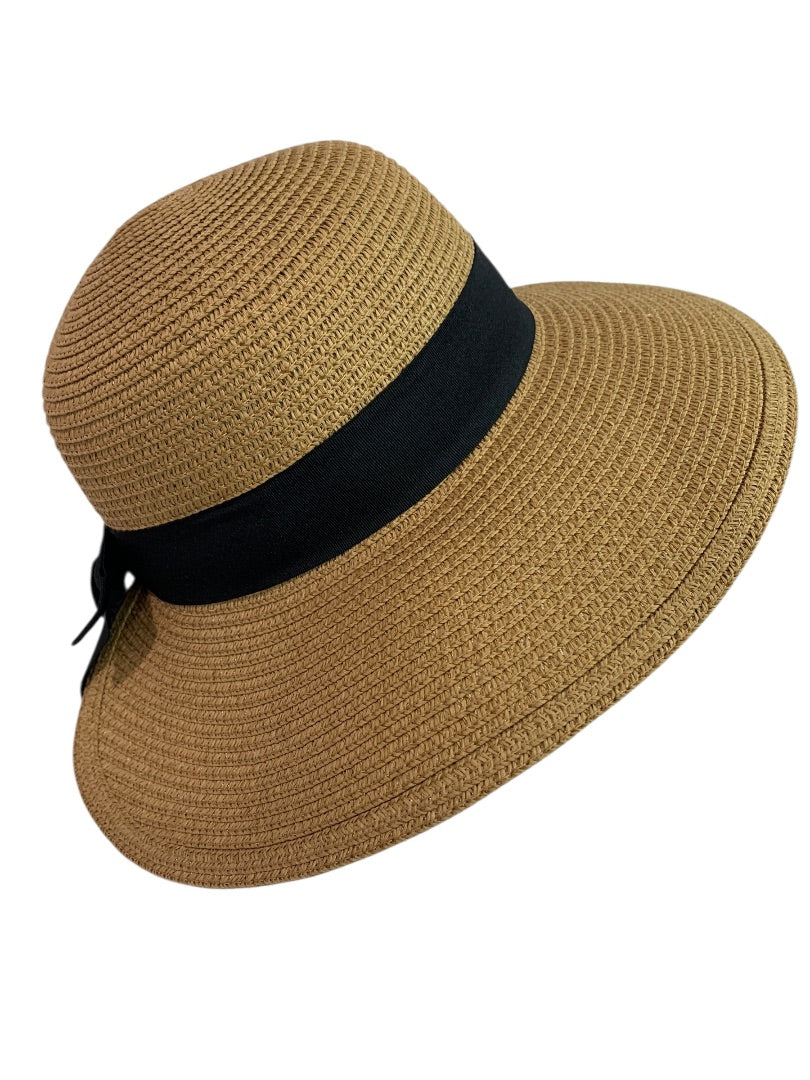 One Size Womens Straw Sunhat Adjustable Band Black Ribbon