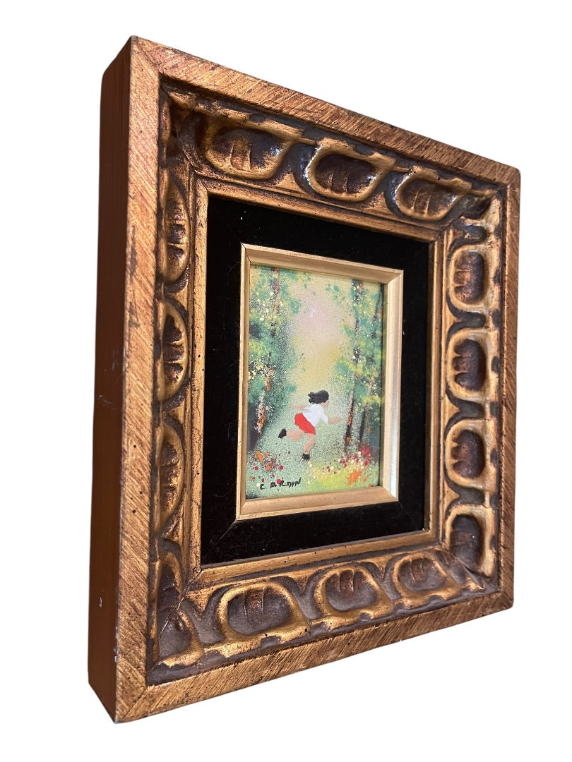 Vintage Louis Cardin Original Enamel on Copper Painting Girl Running 10" x 9"