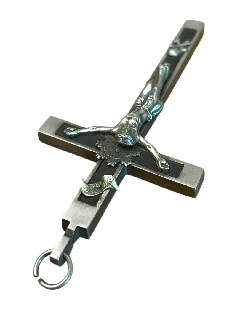 Antique Silvertone Crucifix with Skull and Crossbones Golgotha INRI Cross Convent 5.5"