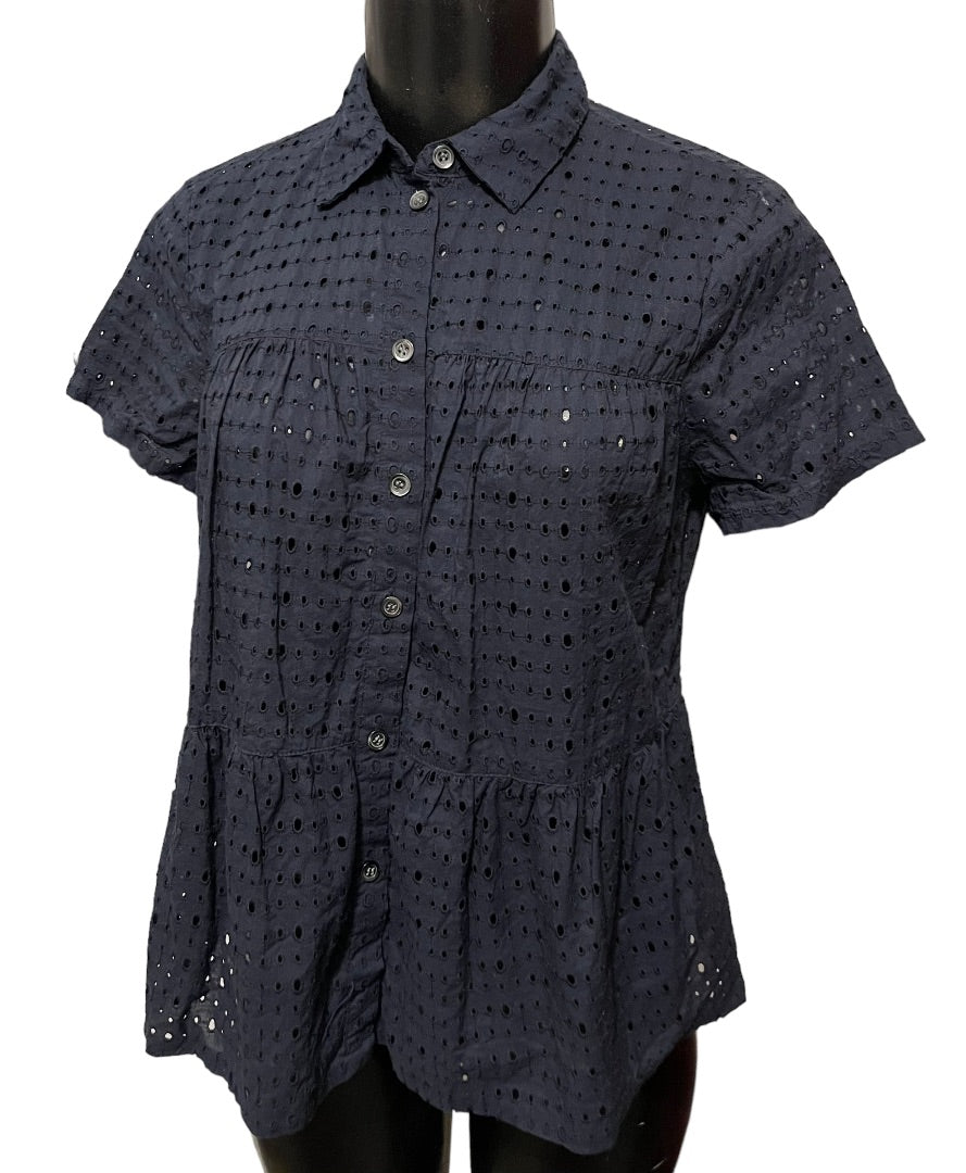 XS Madewell Women's Eyelet Short Sleeve Top Navy Blue Blouse
