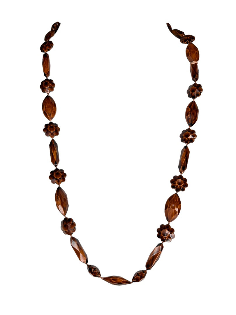 Plastic Wood Look Floral Faceted Beaded Necklace 29" Strand Boho Festival 1970s Vintage