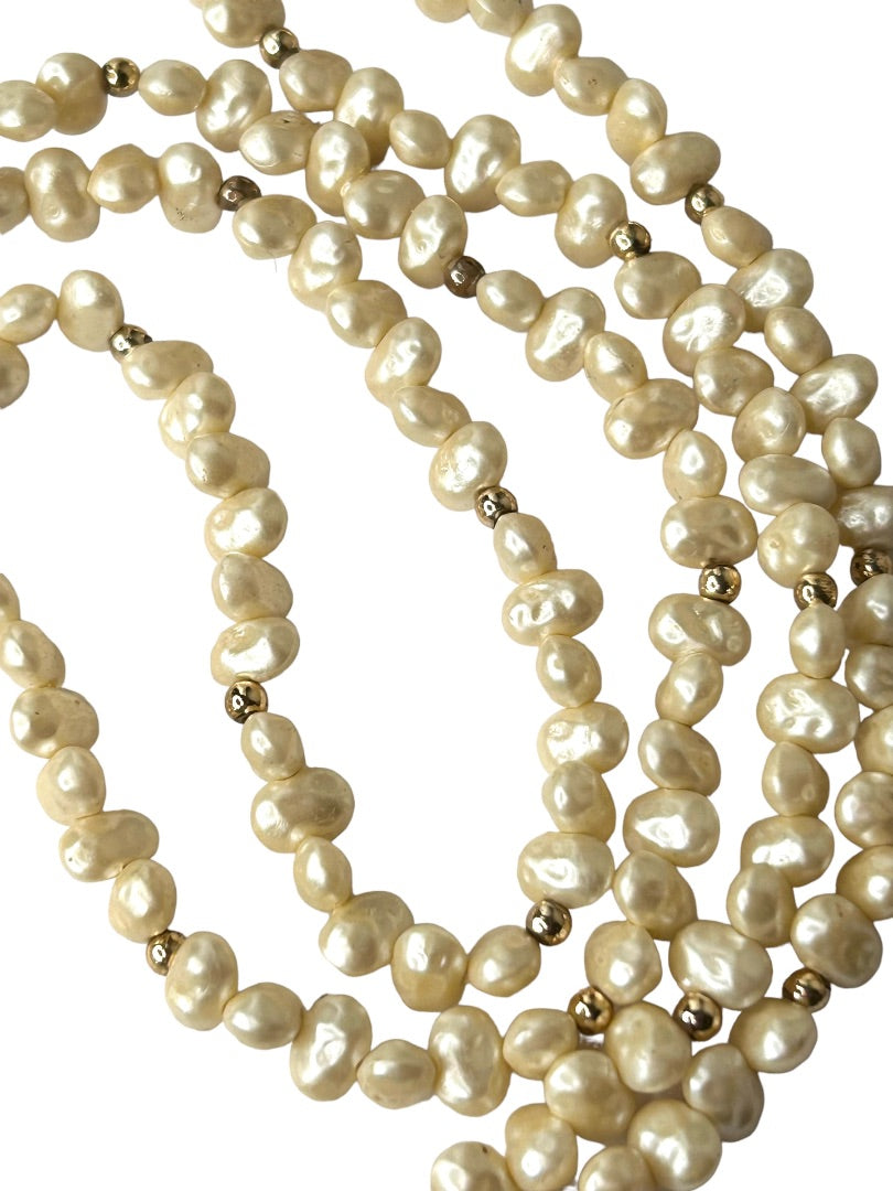 Faux Freshwater Pearl Beaded Necklace 34" Strand String Goldtone Spacers