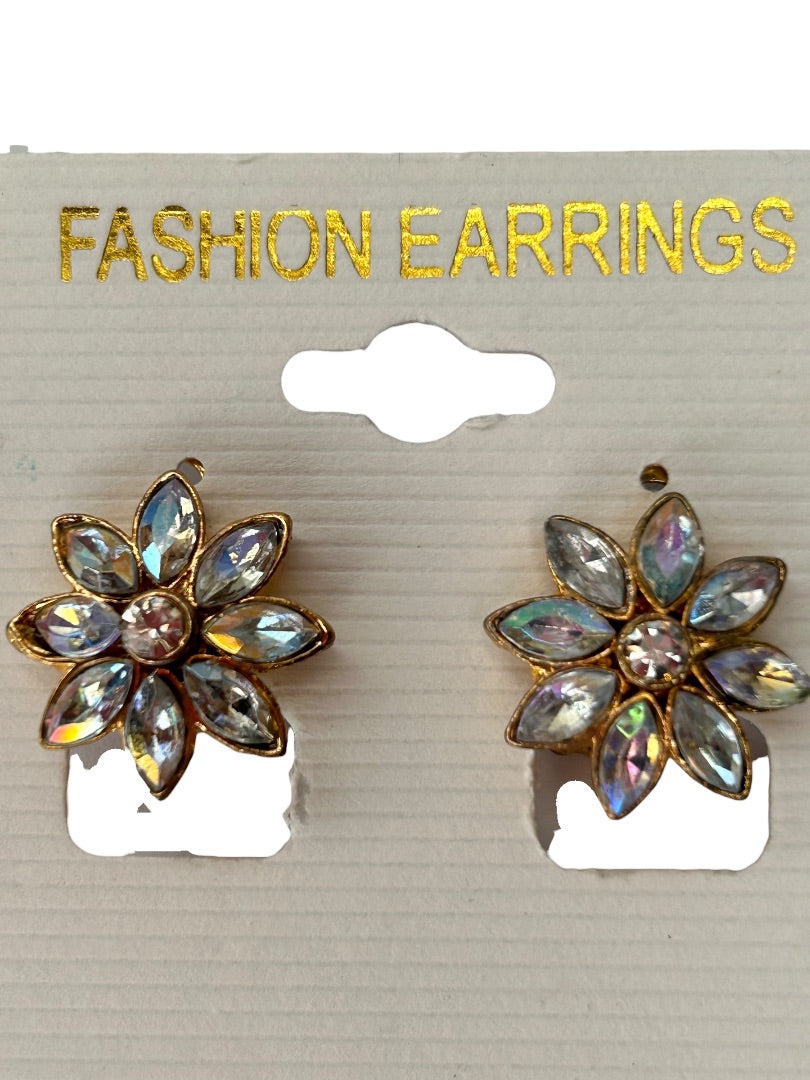 1990s Clip On Clear Crystal Flower Earrings 3/4" Diameter Non-Pierced Goldtone
