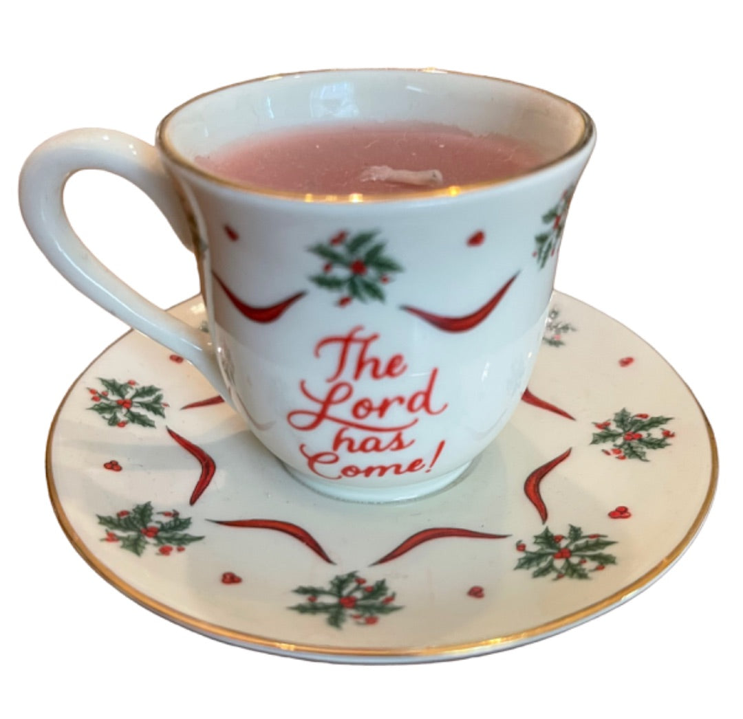 Dicksons Joy to the World Holly Ribbon Christmas Cup & Saucer Candle