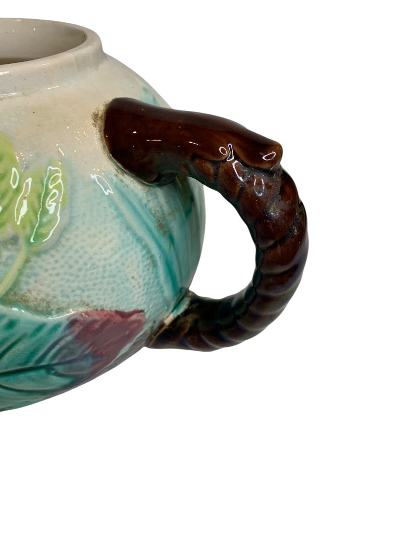 Antique Majolica Water Lily Pond Rope Teapot Pottery 9 Inch