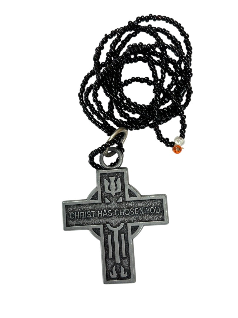Black 32 Inch Overhead Necklace Pewter Cross Pendant "Christ has Chosen You"