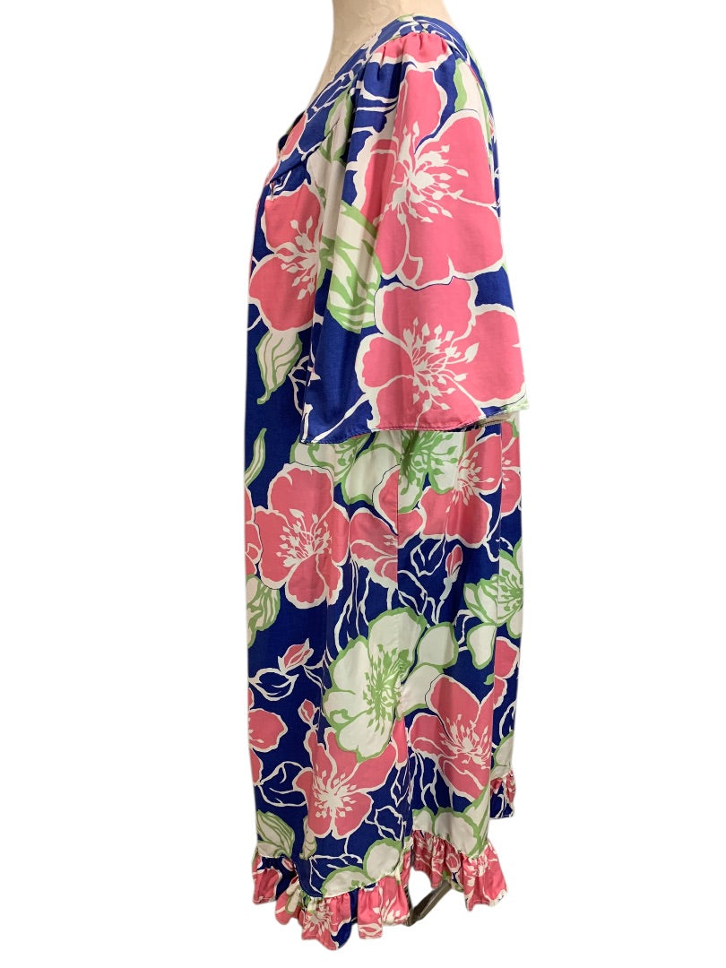 2X Sears 1970s Floral Pink Blue Dress Short Sleeve Cotton Shift