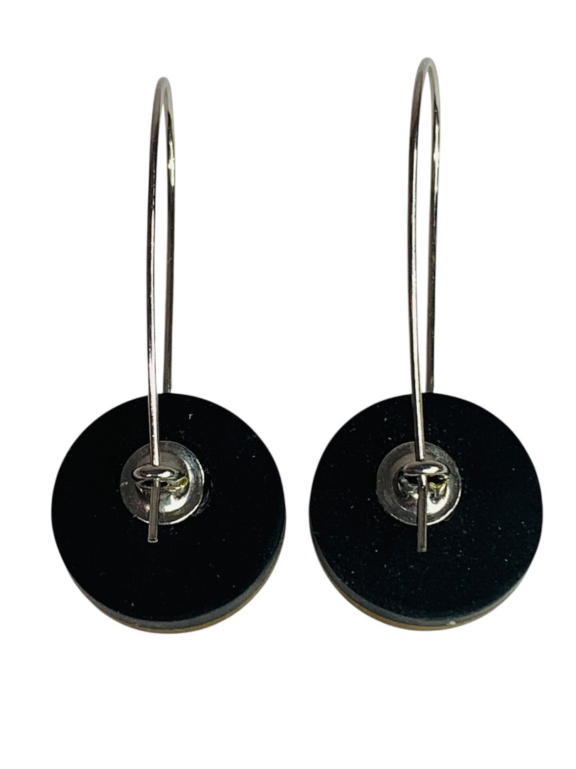 Yellow Black Wire Hook Pierced Earring Circle 1.5 Inch Drop Lightweight