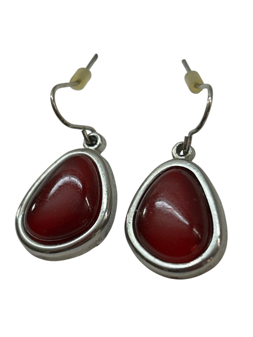 Silvertone Red Fishhook Pierced Earrings 1.2 Inch Drop Free Form