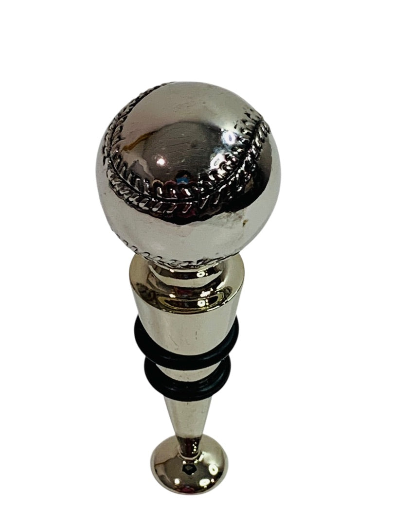 Silvertone Bottle Stopper Metal Baseball Theme 4" Rubber