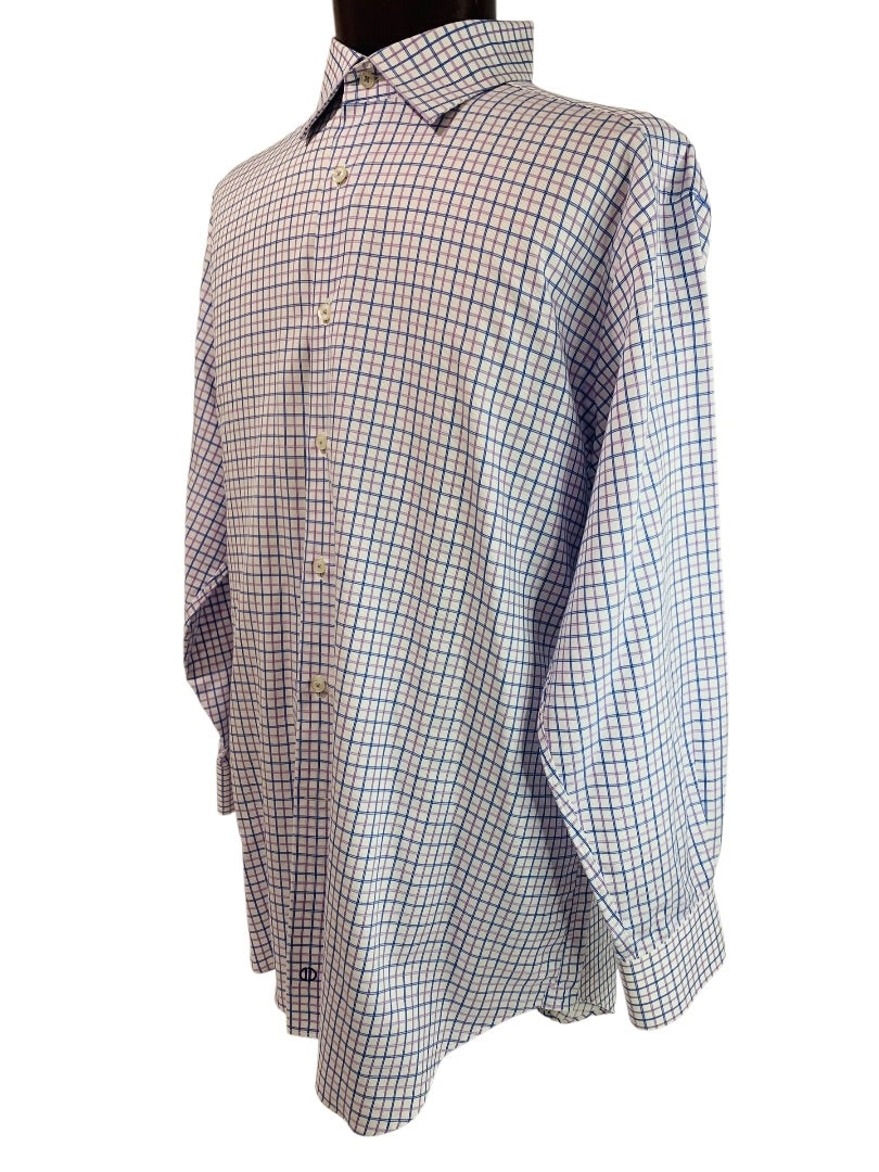 17.5 (32/33) David Donahue Mens Button Up Dress Shirt Windowpane Blue Purple