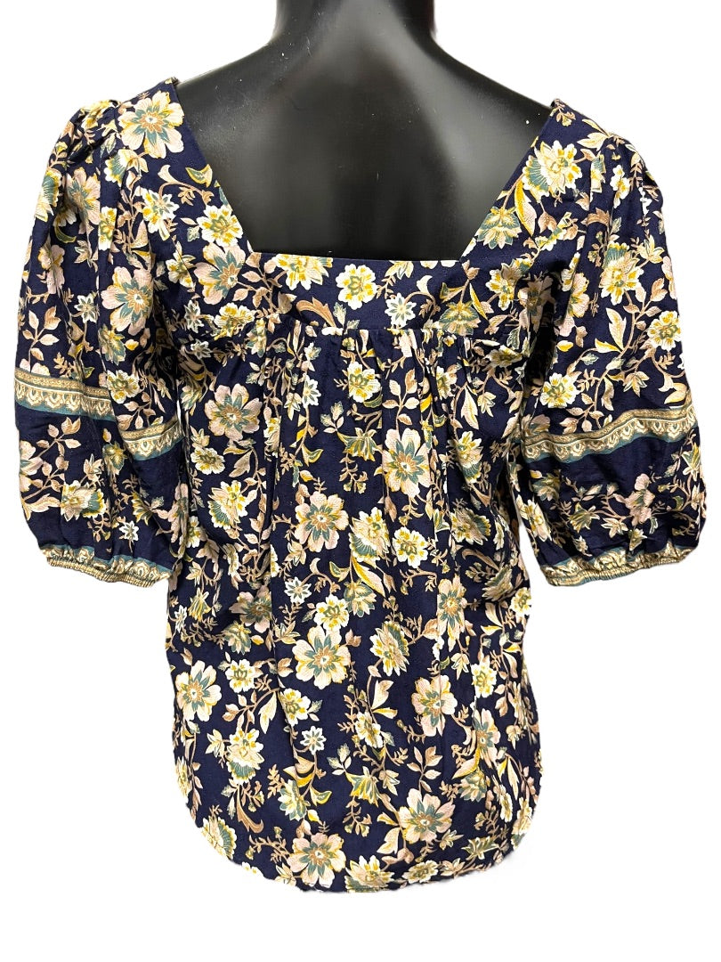 XS Roan + Ryan Square Neck Floral Short Sleeve Womens Shirt Boho