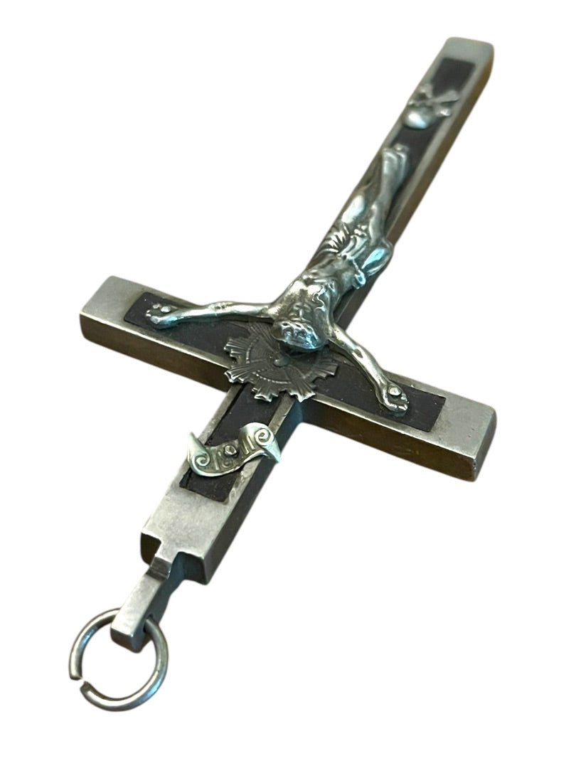 Antique Silvertone Crucifix with Skull and Crossbones Golgotha INRI Cross Convent 5.5"