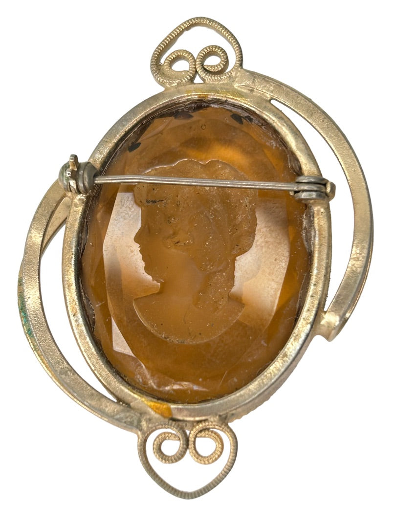 Amber Colored Intaglio Cameo Brooch Pin Goldtone Reverse 2 1/4"