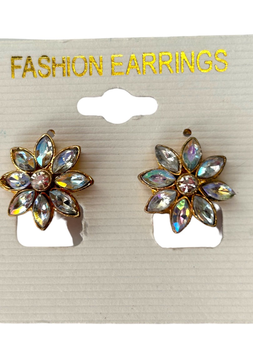1990s Clip On Clear Crystal Flower Earrings 3/4" Diameter Non-Pierced Goldtone