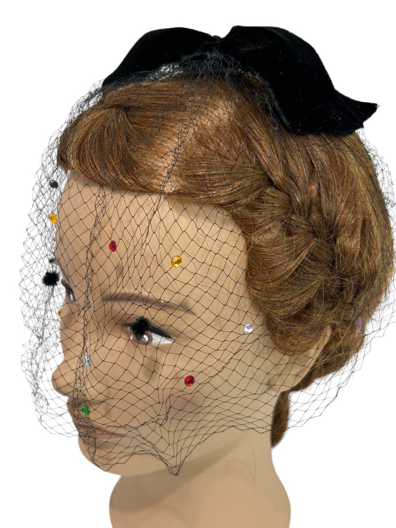 Black Velvet Hair Bow Veil Netting 1950s Vintage Bejeweled