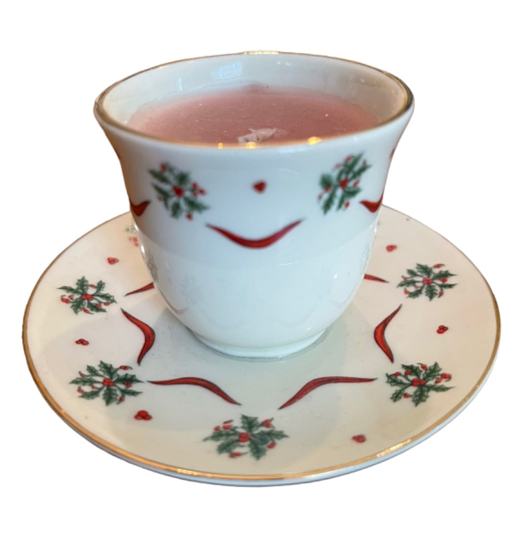 Dicksons Joy to the World Holly Ribbon Christmas Cup & Saucer Candle