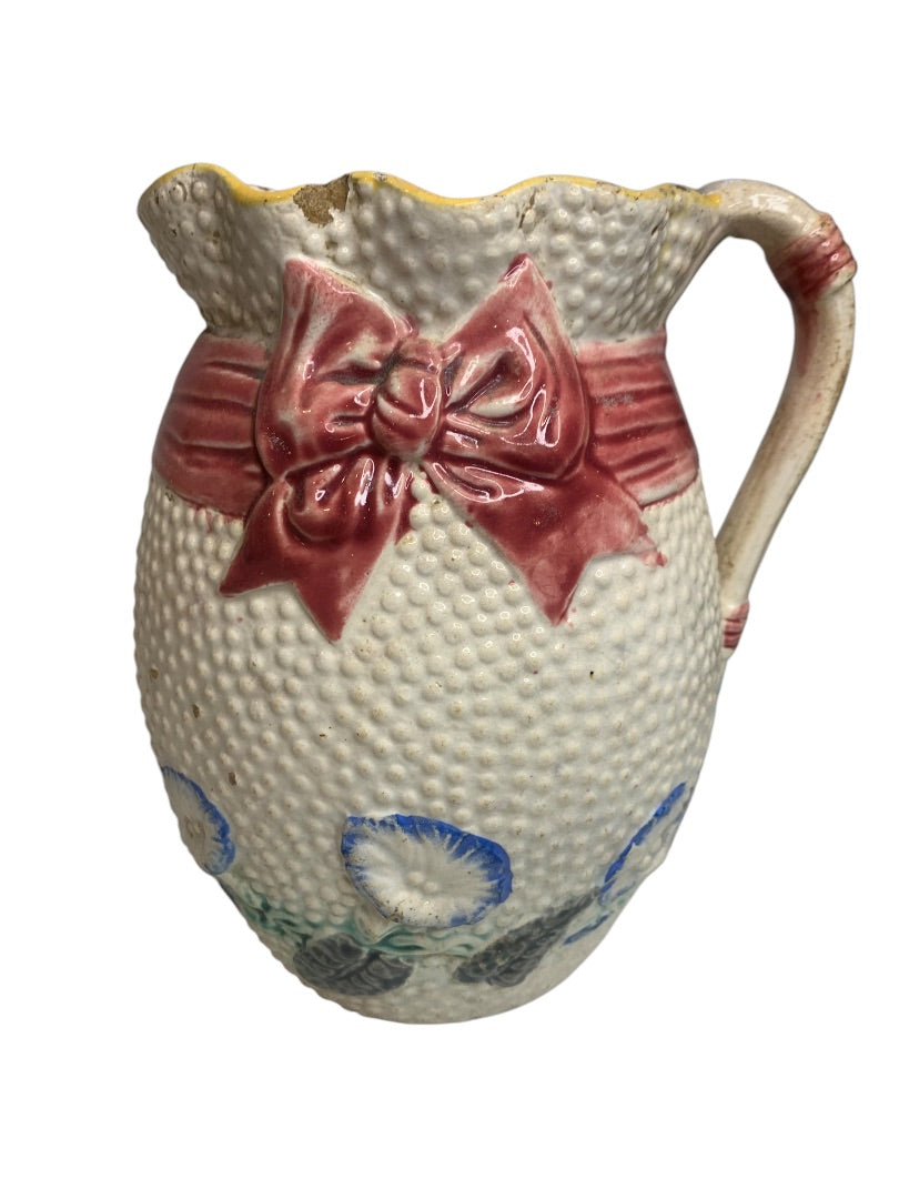 Majolica Pitcher Ribbon Pattern Antique 7.5 Inch Wildflower Ribbon