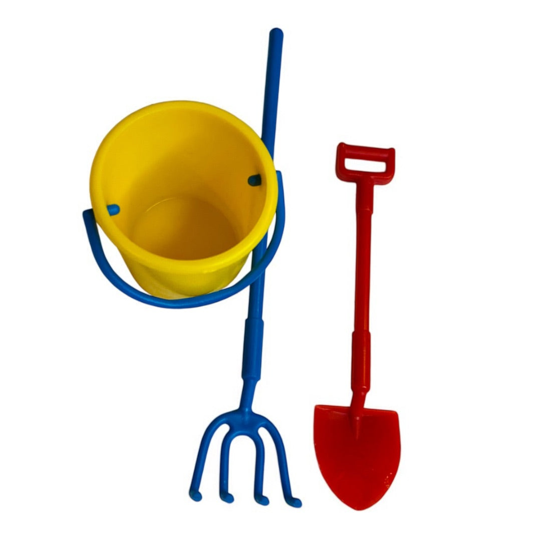 Miniature Dollhouse 3 Piece Plastic Gardening Set Bucket Rake Shovel 1:12 Scale