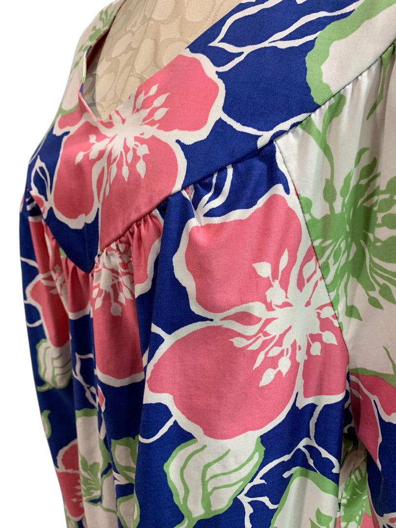 2X Sears 1970s Floral Pink Blue Dress Short Sleeve Cotton Shift