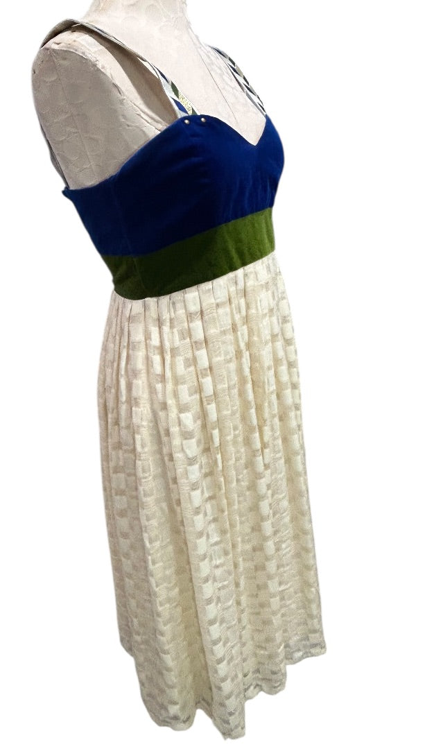 Size 6 Madchen Dress Velvet Colorblock Cream Skirt Blue Green Bodice
