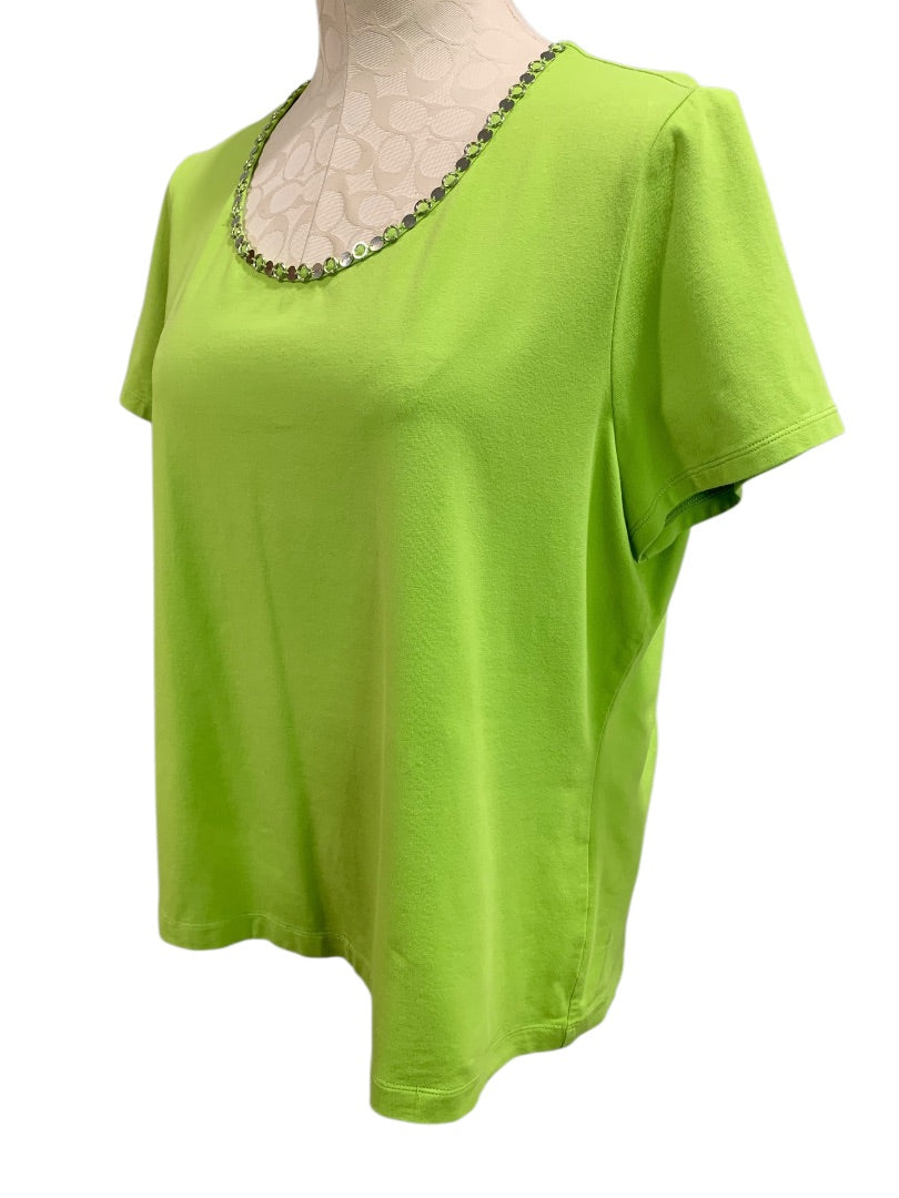 Large Laura Ashley Lime Green Womens Tshirt Embellished Neckline