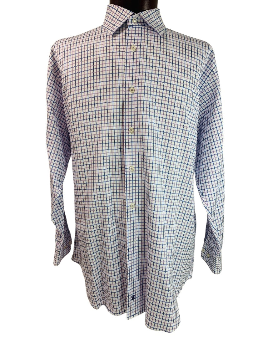 17.5 (32/33) David Donahue Mens Button Up Dress Shirt Windowpane Blue Purple