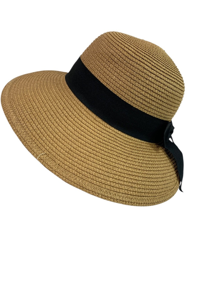 One Size Womens Straw Sunhat Adjustable Band Black Ribbon
