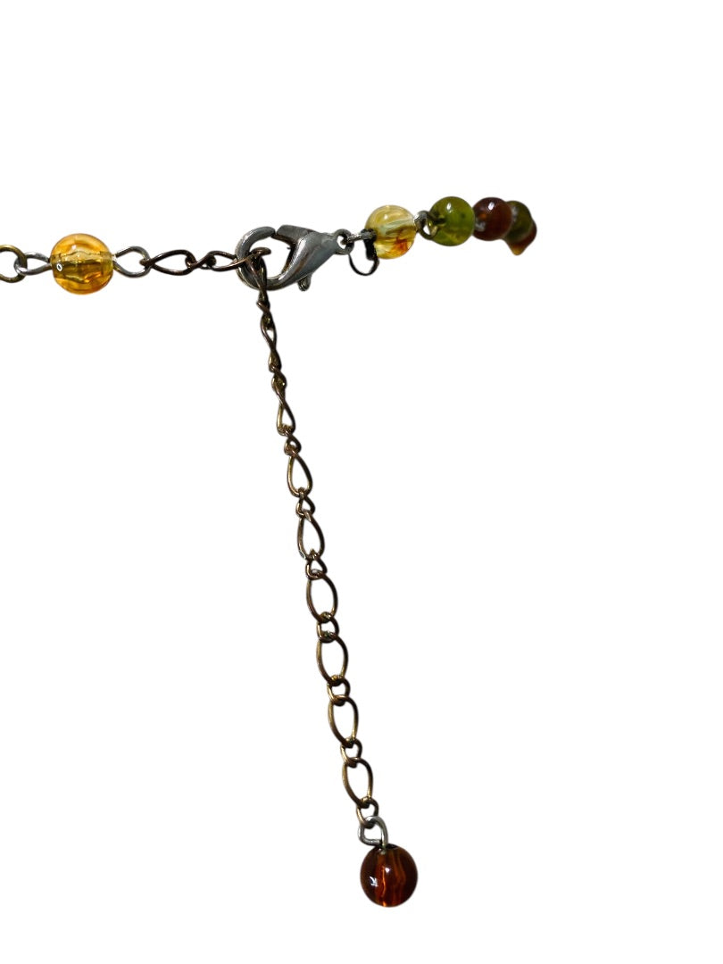 Beaded Silvertone Necklace 20" Amber Green Purple 21" with 2" Drop