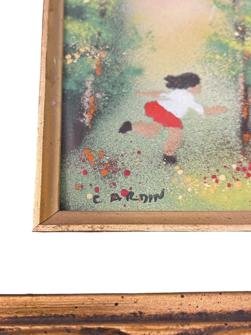 Vintage Louis Cardin Original Enamel on Copper Painting Girl Running 10" x 9"