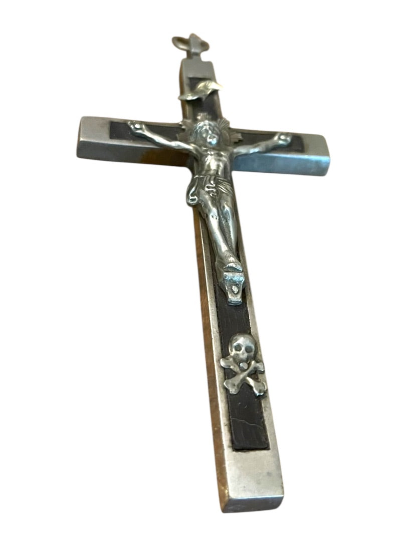 Antique Silvertone Crucifix with Skull and Crossbones Golgotha INRI Cross Convent 5.5"