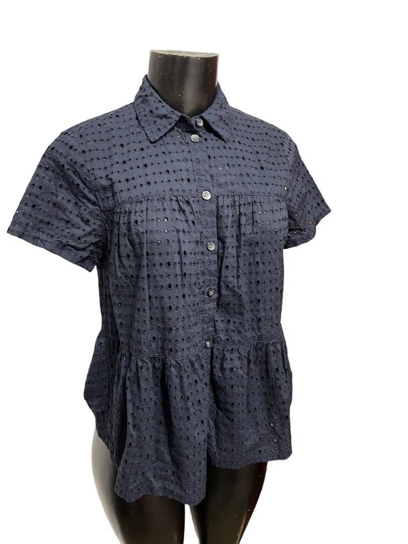 XS Madewell Women's Eyelet Short Sleeve Top Navy Blue Blouse