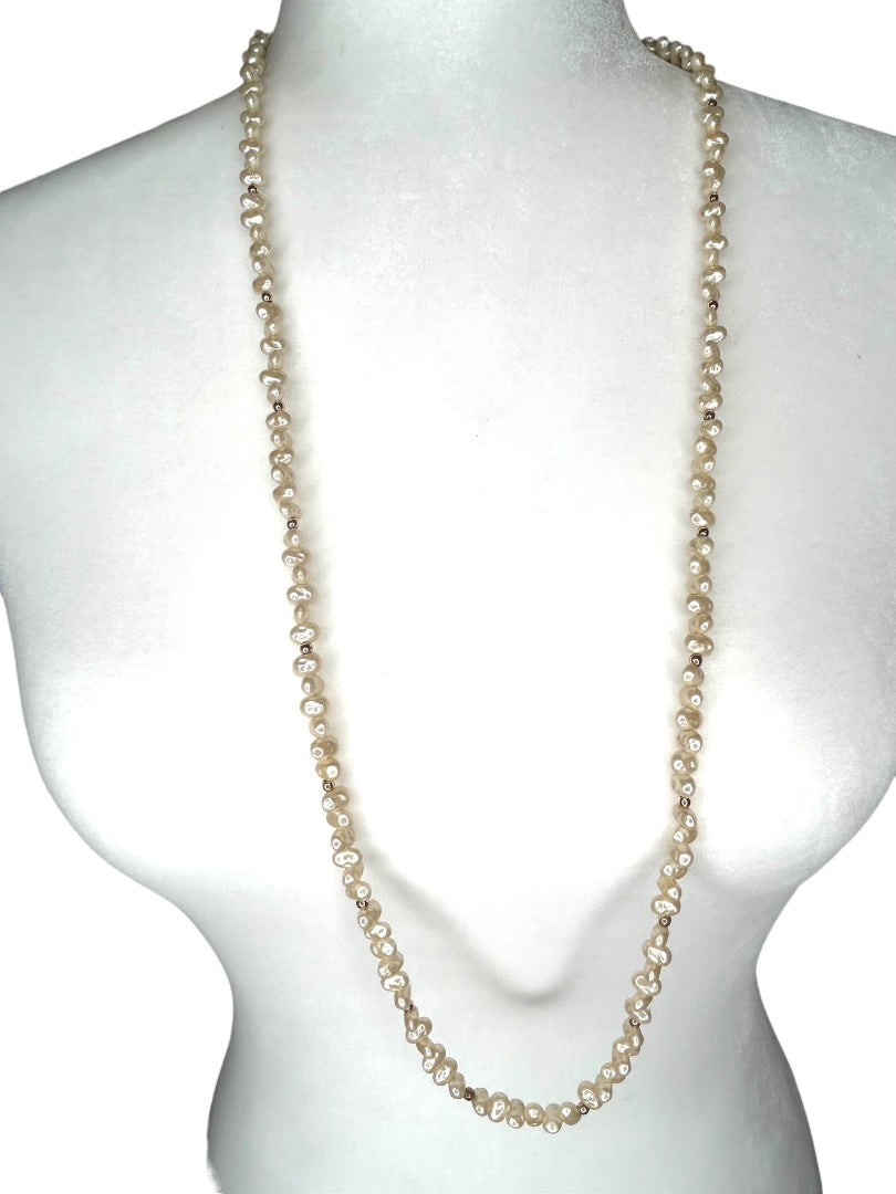 Faux Freshwater Pearl Beaded Necklace 34" Strand String Goldtone Spacers