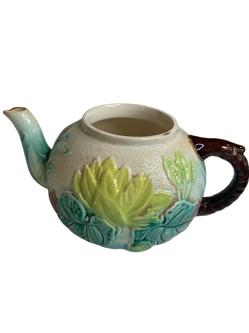 Antique Majolica Water Lily Pond Rope Teapot Pottery 9 Inch
