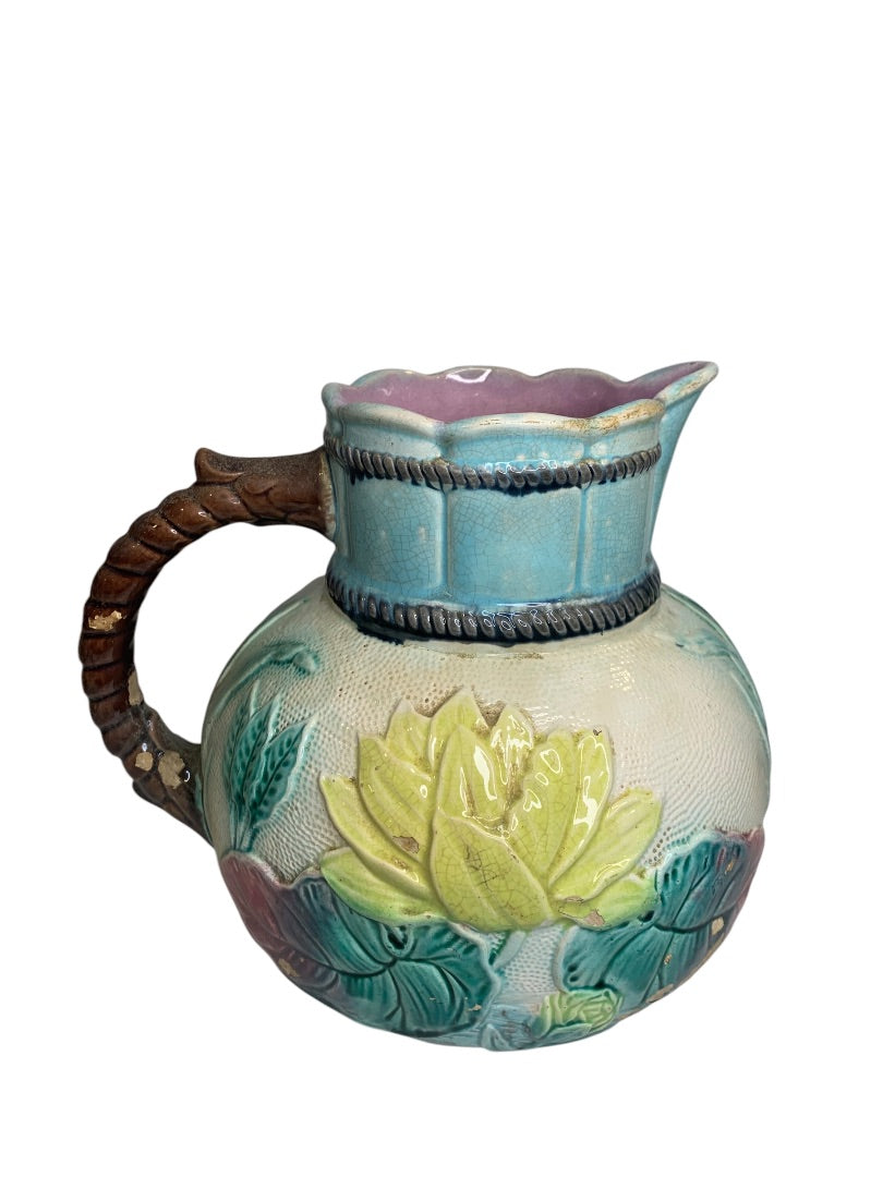 Antique Majolica Water Lily Pond Rope Pitcher Pottery 9 Inch