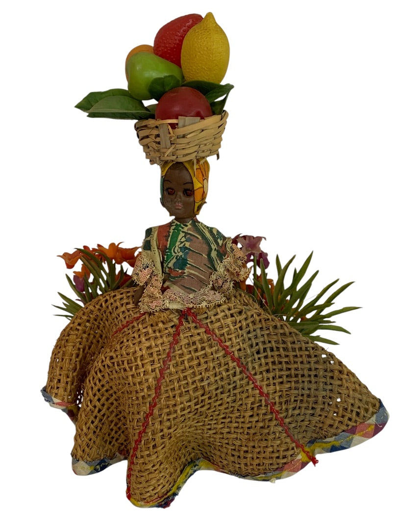 Vintage Souvenir Bahamas Doll Wicker Fruit Basket 12 Inch