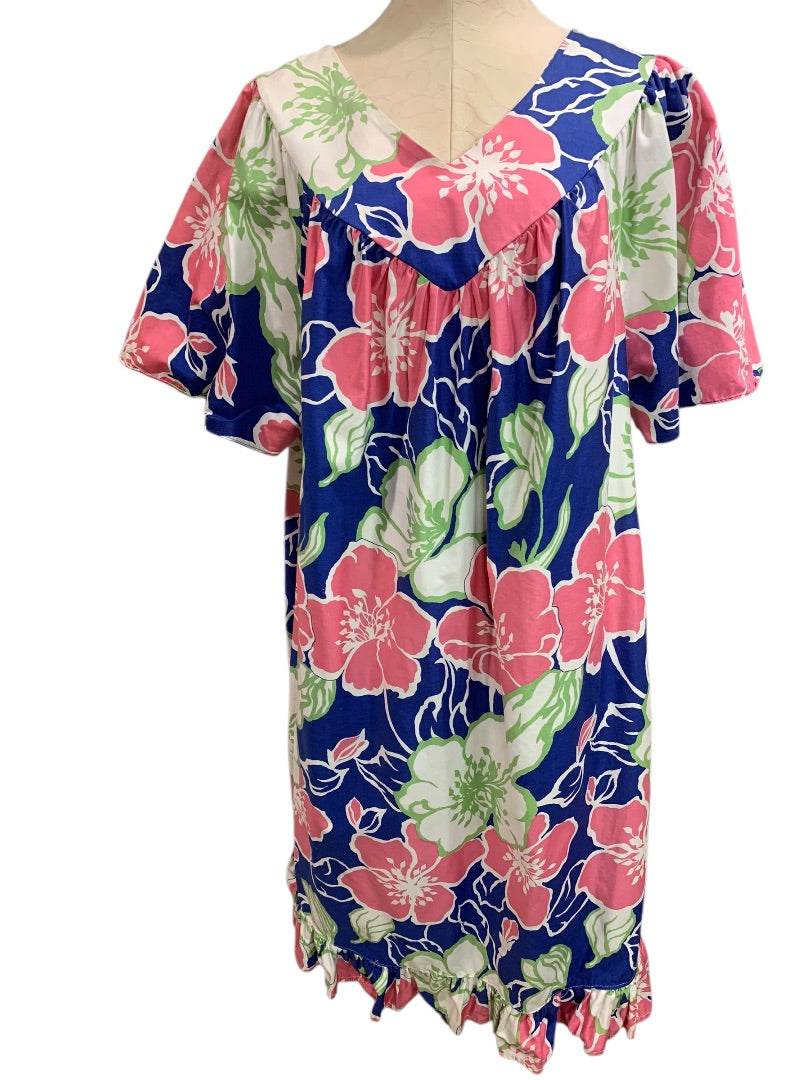 2X Sears 1970s Floral Pink Blue Dress Short Sleeve Cotton Shift