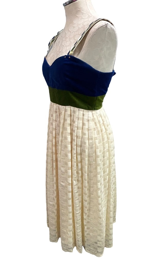 Size 6 Madchen Dress Velvet Colorblock Cream Skirt Blue Green Bodice