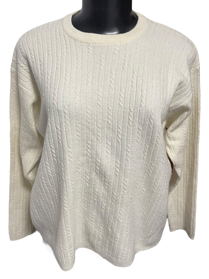 Large Rena Rowan Saville Wool Blend Womens Vintage Sweater Cream Cable Knit