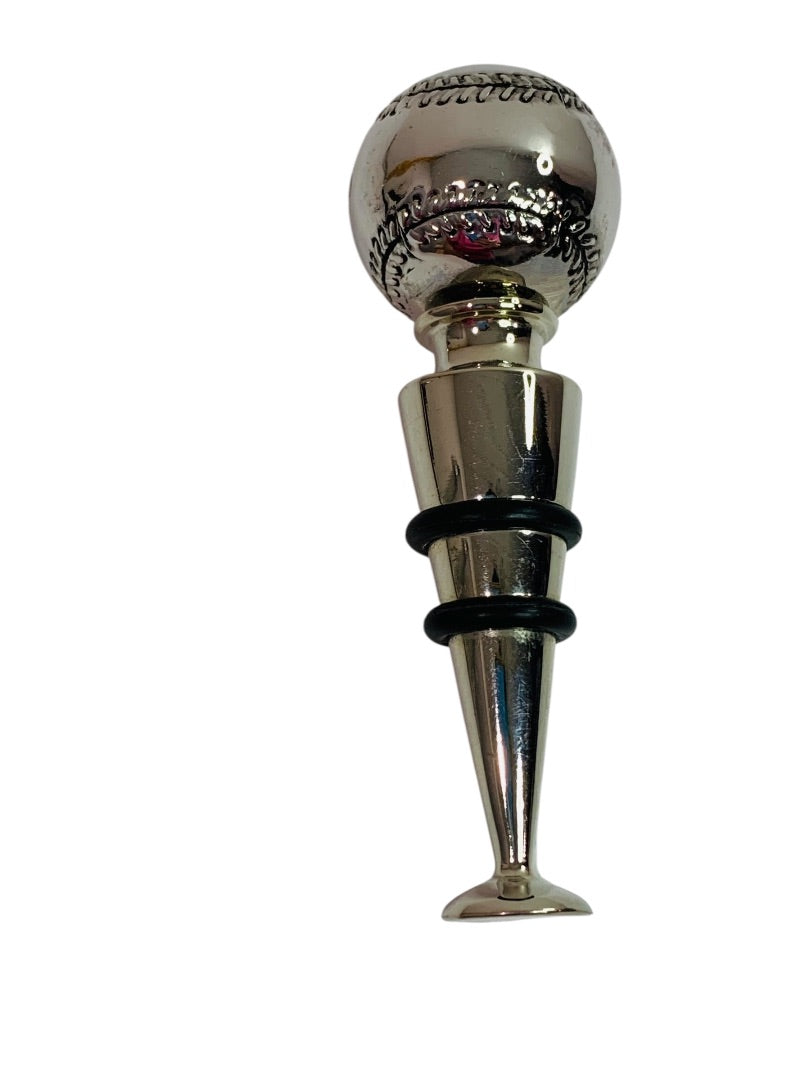 Silvertone Bottle Stopper Metal Baseball Theme 4" Rubber